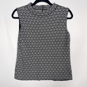 Vince Camuto Small S Black White Jacquard Sleeveless Mock Neck Knit Top Zip Back